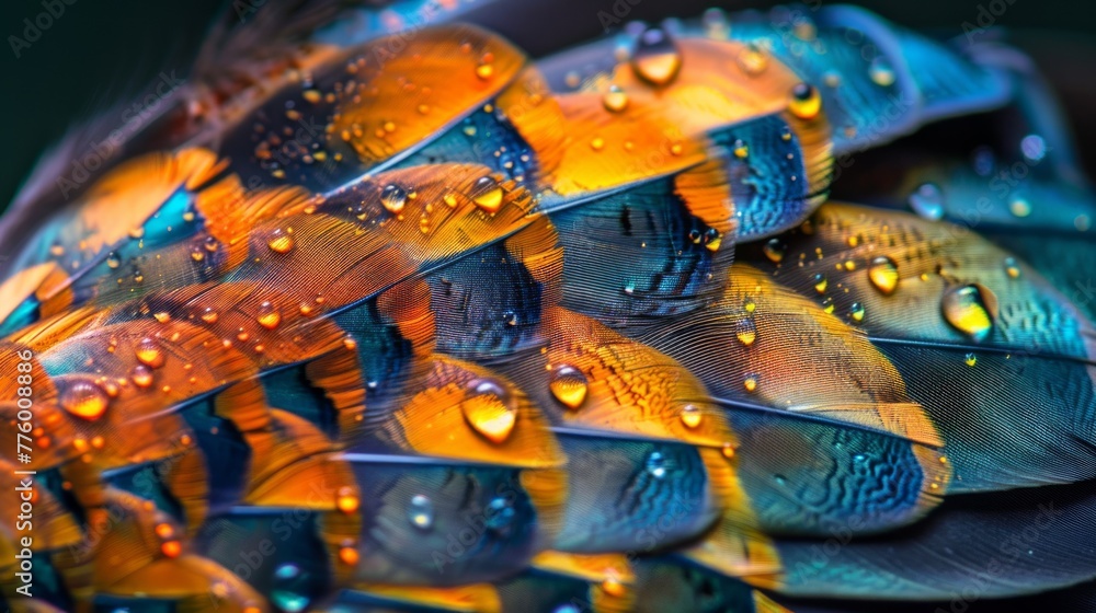 Fototapeta premium Macro close-up of beautiful color feathers with water drops.