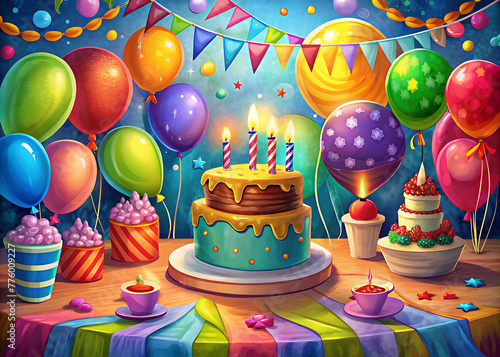 birthday party decorations including balloons and a cake with lit candles.
