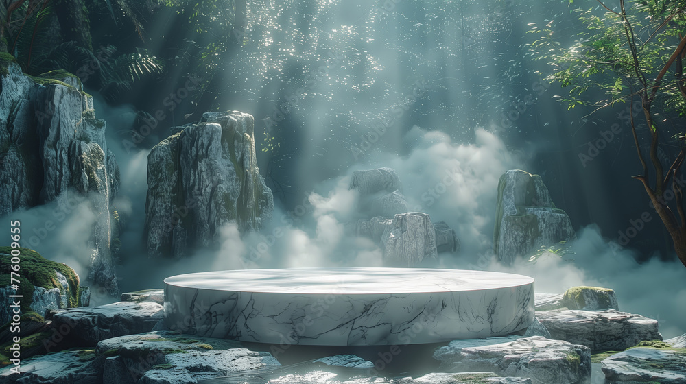 White marble display podium, standing in a rocky landscape. White marble display podium, standing in a rocky landscape.