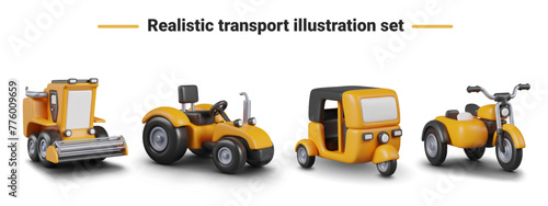 Set of transport in realistic style. Yellow and black harvester, tractor, auto rickshaw, tricycle