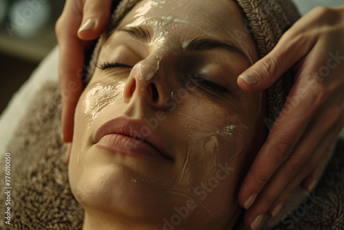 Young woman getting a facial treatment in a beauty salon  in a closeup of hands applying cream on her face with her eyes closed and a towel over her head