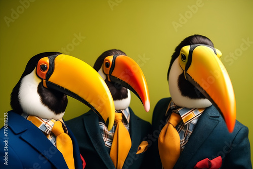 Gang family of toucan bird in vibrant bright fashionable outfits, commercial, editorial advertisement, surreal surrealism. Group shot.	