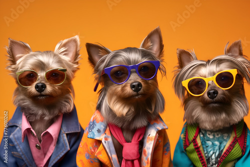 Gang family of Yorkshire Terrier dog in vibrant bright fashionable outfits, commercial, editorial advertisement, surreal surrealism. Group shot.	
