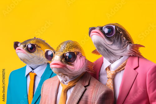 Gang family of fish in vibrant bright fashionable outfits, commercial, editorial advertisement, surreal surrealism. Group shot.	