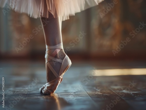 Graceful Ballet Dancer's Feet En Pointe & Flat, Tutu Folds, Warm Lighting - Elegant Dance Pose Close-Up Stock Photo