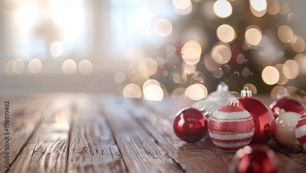 Fototapeta premium Christmas Baubles in Red and White on Wooden Table, Festive Bokeh, Copy Space
