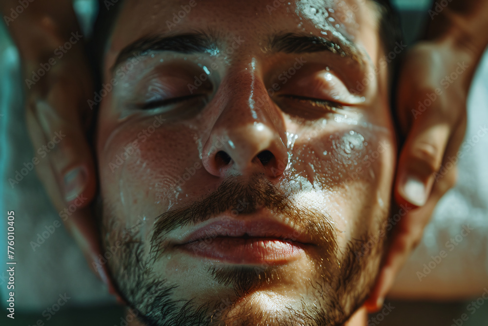 Close up portrait of a handsome man getting a facial massage at a spa salon, Close up portrait of a handsome man getting a facial massage at a spa salon,