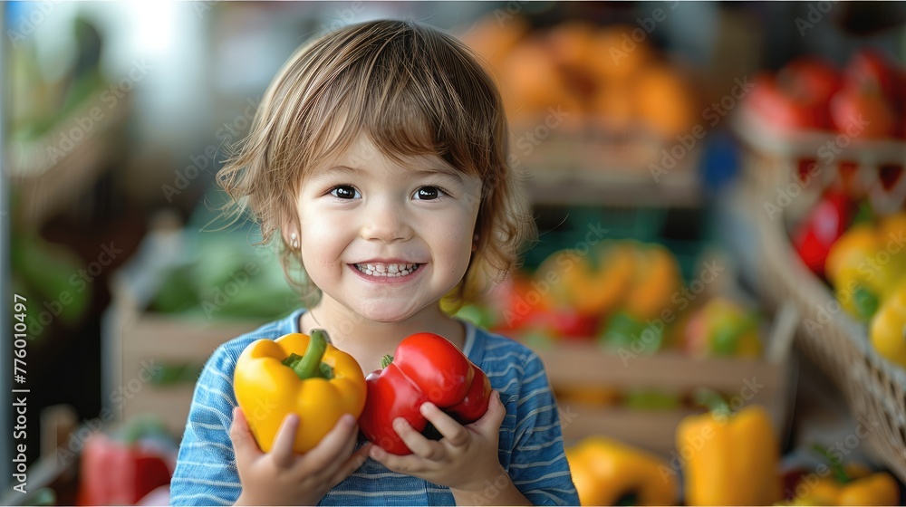 Fototapeta premium A child is holding a yellow bell pepper and a red bell pepper, smiling brightly. Generative AI.