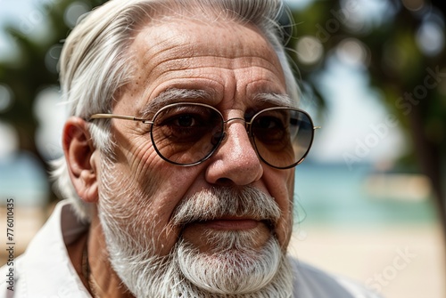 A close-up portrait of an elderly man with a gray beard and sunglasses, the wrinkled face of a happy elderly grandfather.