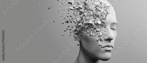 A simplistic human head in 3D, with a piece missing, illustrating the sense of loss and incompleteness experienced in depression and similar mental illnesses photo