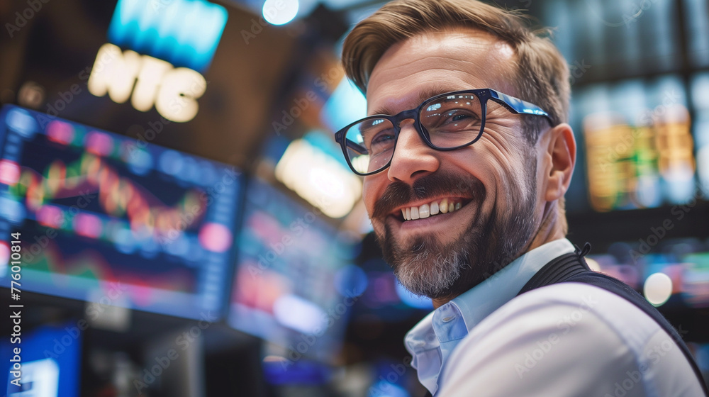 Smiling Stock Trader Enjoying Success in Financial Market Smiling Stock Trader Enjoying Success in Financial Market