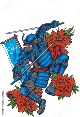 Vector Illustration of Samurai Warrior with Flag and Flowers with Vintage Illustration Available for Tshirt Design