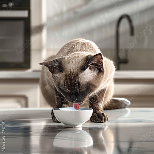 Photorealistic 48mp siamese cat with blue eyes lapping up water on kitchen countertop photo