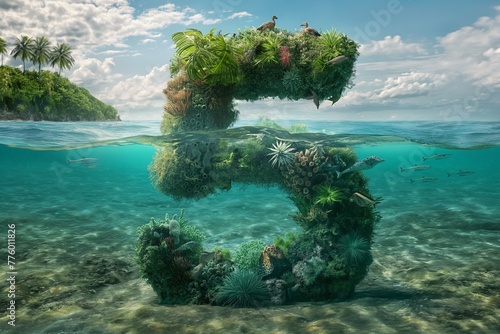 A whimsical underwater landscape with a floating island, vivid marine life, and tropical birds.