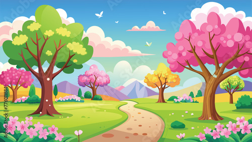 spring-or-summer-field-or-park-with-trees-flower for kids background vector illustration.