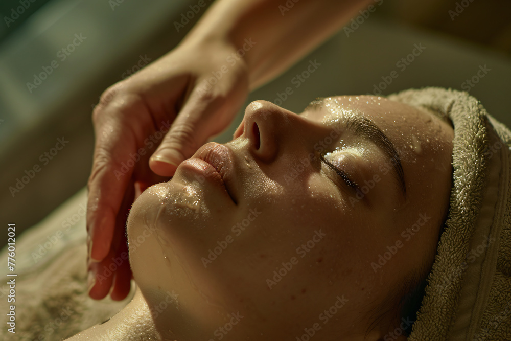 Naklejka premium Beautiful woman having a head massage at a spa salon, close up view, high detail, ultra realistic photo