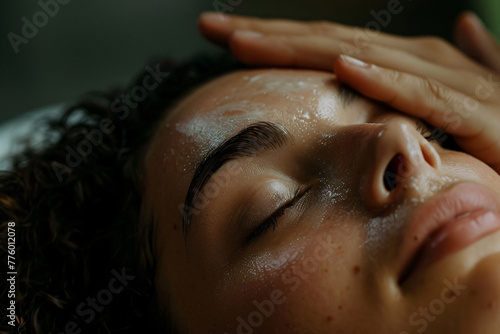 Beautiful woman having a head massage at a spa salon, close up view, high detail, ultra realistic photo