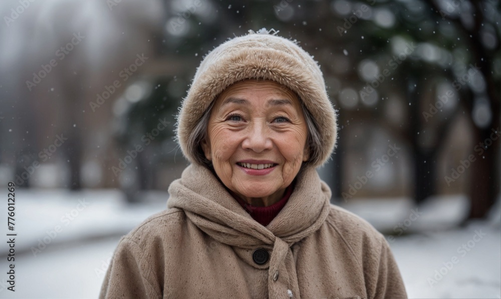 Happy elderly asian lady in winter with copy space Happy elderly asian lady in winter with copy space