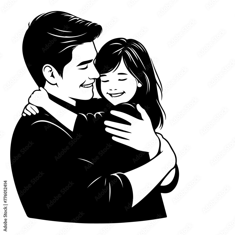 Children, father and daughter hug for love, trust or bonding together  black color silhouette 16