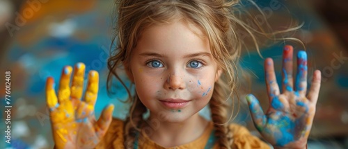 A beautiful little girl with paint on her hands