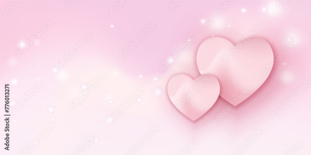 Abstract smooth pink background with two hearts, clouds and sparkles on it. Vector