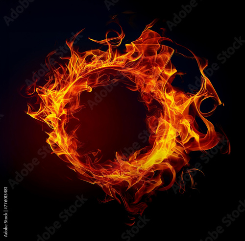 A vibrant ring of fire with swirling flames against a black background. A glowing flame circle in red, orange, yellow colors.