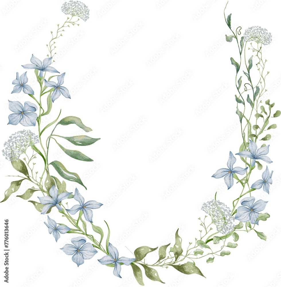 Naklejka premium Watercolor wildflowers wreath. Botanical arrangement of wild flowers and herbs. Summer floral composition