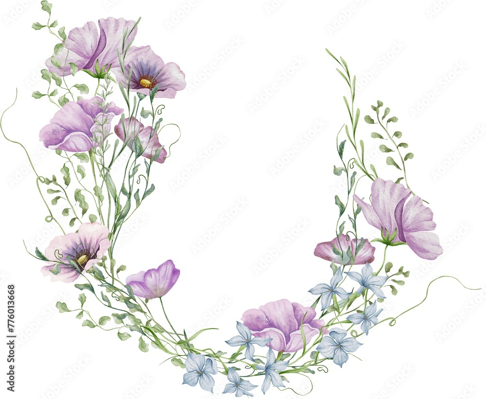 Watercolor wildflowers wreath. Botanical arrangement of wild flowers and herbs. Summer floral composition