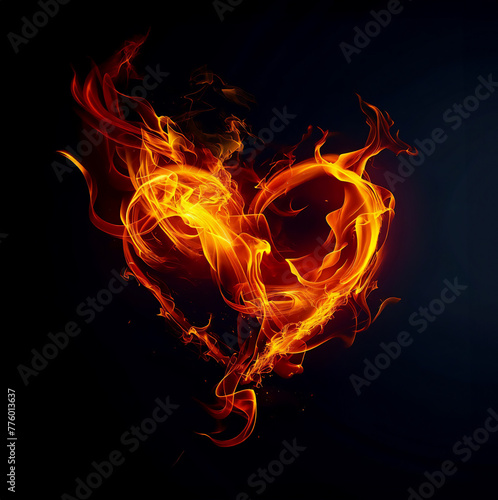 Abstract heart made of fire on black background. The flame creates an abstract shape that symbolizes passion and love.