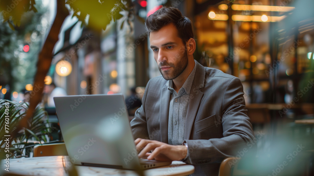Obraz premium Businessman Working on Laptop at Outdoor Cafe
