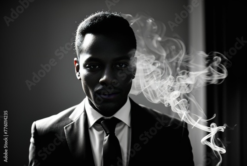 A close-up portrait of an African-American man in a suit in the dark with a cigarette. The silhouette of a black man among the cigarette smoke.