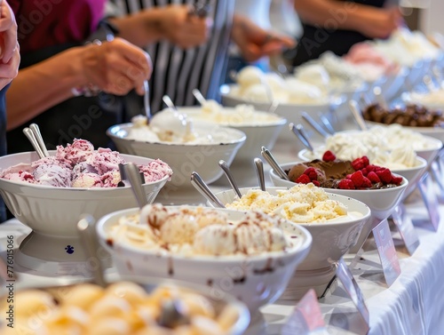 An elegant ice cream tasting event with a variety of artisanal flavors presented on a long