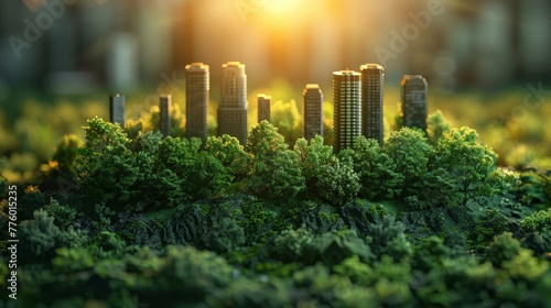Sustainable, green energy city with urban ecology concept. Modern business buildings covered with forest space.