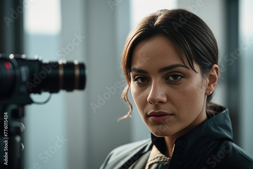 A close-up portrait of a young female investigator in the office during an interrogation, with a camera installed in the background. Portrait of a female journalist.