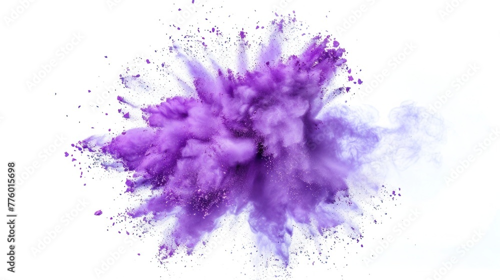 Fototapeta premium Abstract lilac dust explosion on white background, Freeze motion of lilac powder exploding