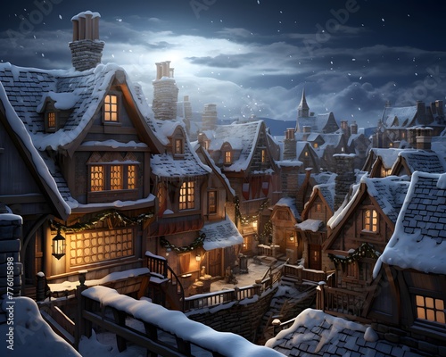 Winter city at night with snow covered houses and trees, 3d illustration