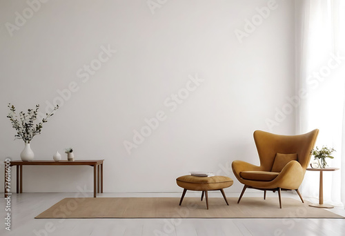 The interior has a armchair on empty white wall background. © Designstor09