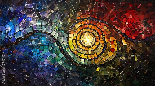 shattered stained glass painting of many spiralled tiny galaxies, helix nebula. Generated AI.  photo