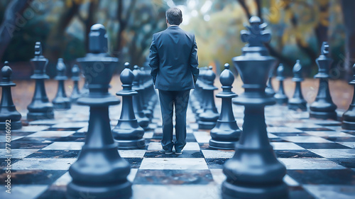 A businessman making a decisive move on a chessboard, symbolizing strategic decision-making in business photo