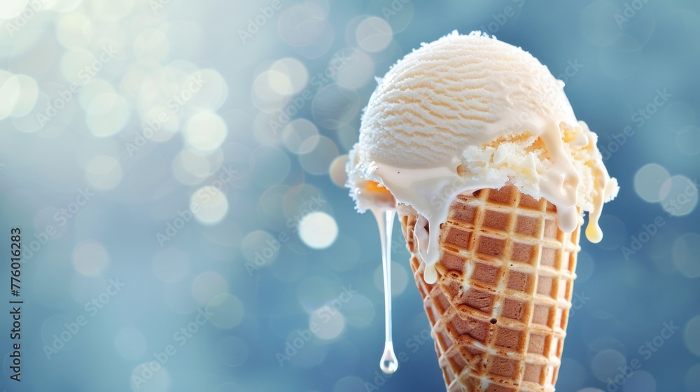 Close-up of a dripping ice cream cone with a bite taken out