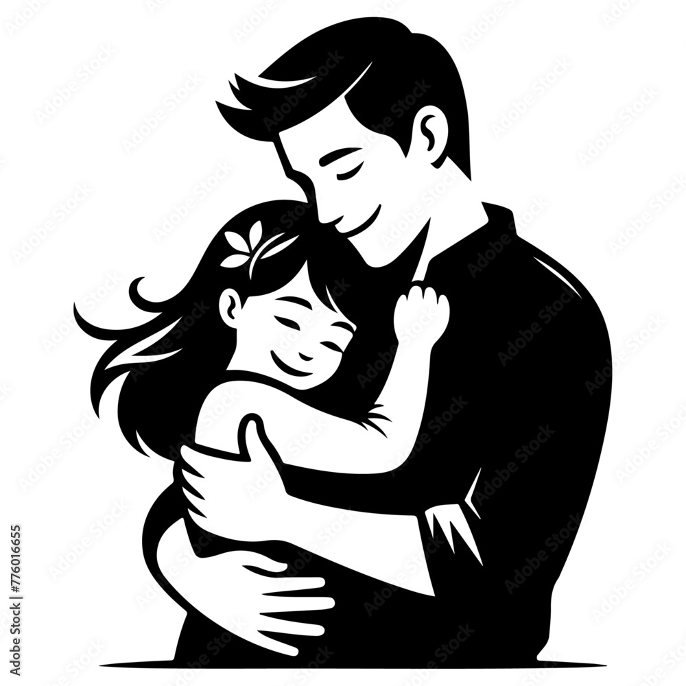 Children, father and daughter hug for love, trust or bonding together  black color silhouette 6