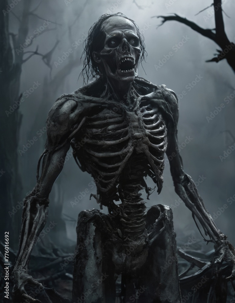 A skeletal creature rises ominously from the mist, with the twisted forest landscape enhancing its menacing presence.