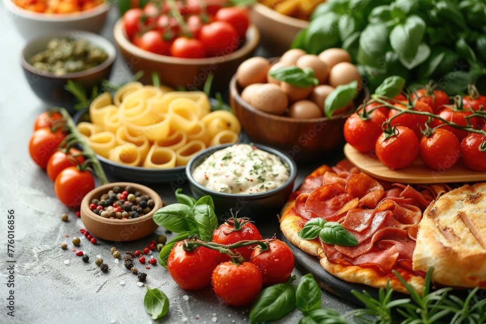 Full table of Italian meals on plates Pizza, pasta, ravioli, carpaccio. caprese salad and tomato bruschetta on a table Full table of Italian meals on plates Pizza, pasta, ravioli, carpaccio. caprese salad and tomato bruschetta on a table