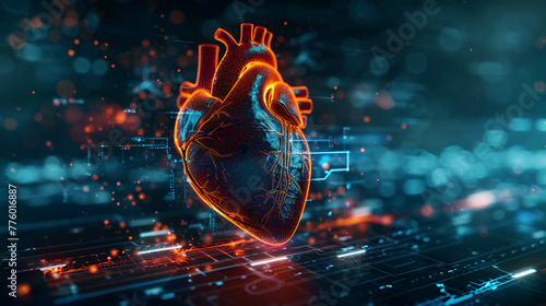 Anatomy of a human heart on ECG medical background, generative Ai photo