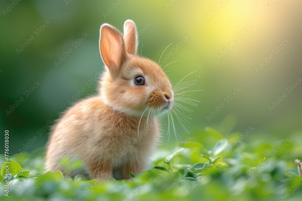 Cute little rabbit on green grass with natural bokeh as background during spring. Young adorable bunny playing in garden. Cute little rabbit on green grass with natural bokeh as background during spring. Young adorable bunny playing in garden.