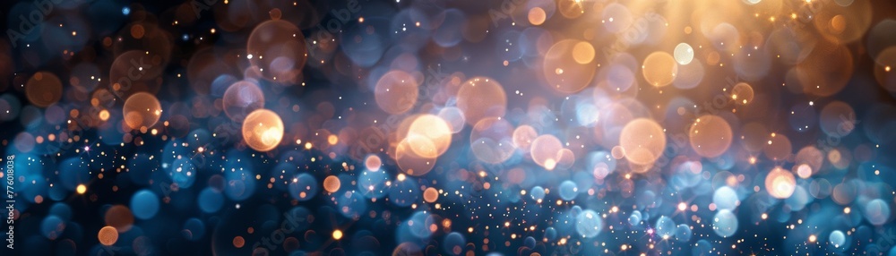 Stunning and elegant bokeh effect display, featuring a multitude of shimmering, radiant circles on a deep, vibrant navy backdrop at a celebratory event