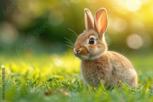 Cute little rabbit on green grass with natural bokeh as background during spring. Young adorable bunny playing in garden. © Irina Mikhailichenko
