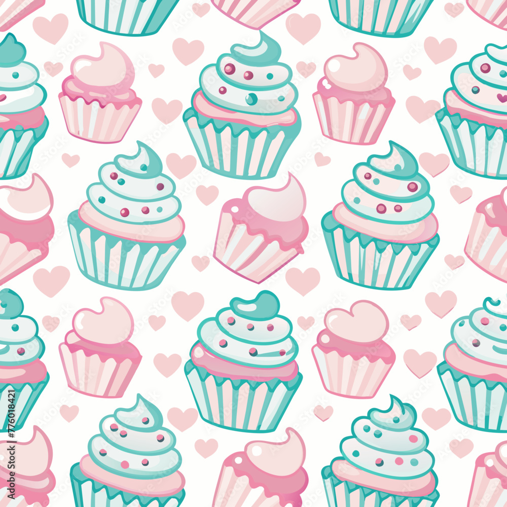 A variety of stylized cupcakes with different toppings and designs are arranged in a repeating pattern, interspersed with small hearts in varying shades of pink and teal.