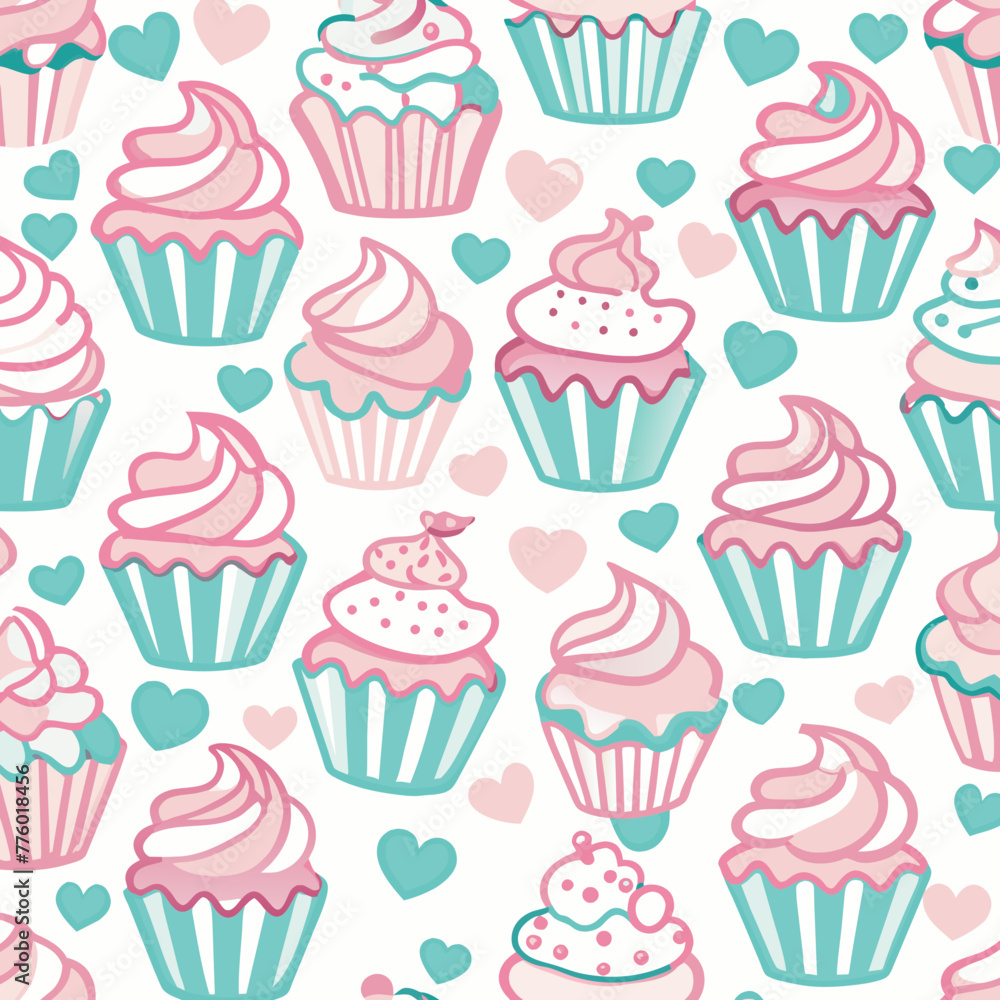 A variety of stylized cupcakes with different toppings and designs are arranged in a repeating pattern, interspersed with small hearts in varying shades of pink and teal. A variety of stylized cupcakes with different toppings and designs are arranged in a repeating pattern, interspersed with small hearts in varying shades of pink and teal.