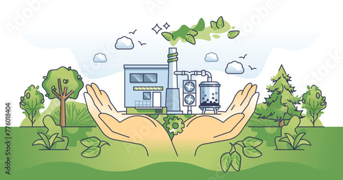 CO2 carbon dioxide emissions with hands capturing fossil gas outline concept. Climate pollution from exhaust and factory smog vector illustration. Renewable and green power usage for manufacturing.